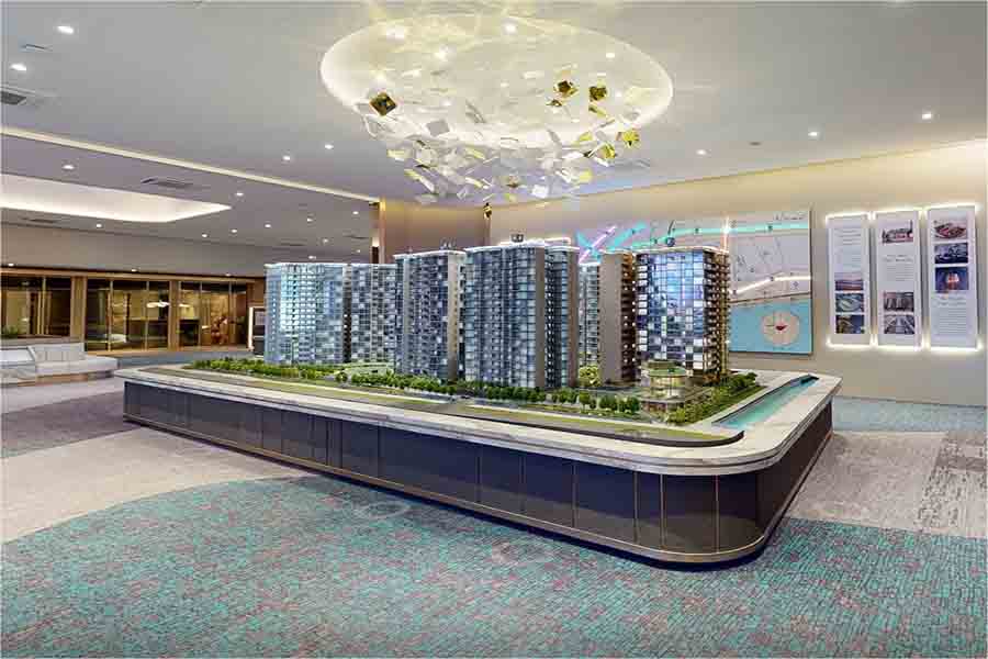 Grand Dunman showflat scale model displaying the seven residential towers and site layout beside Dakota MRT in District 15