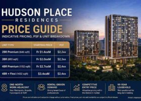 Hudson Place Residences price guide showing indicative pricing, psf range and unit types including 2BR, 3BR and 4BR layouts in District 5 Singapore