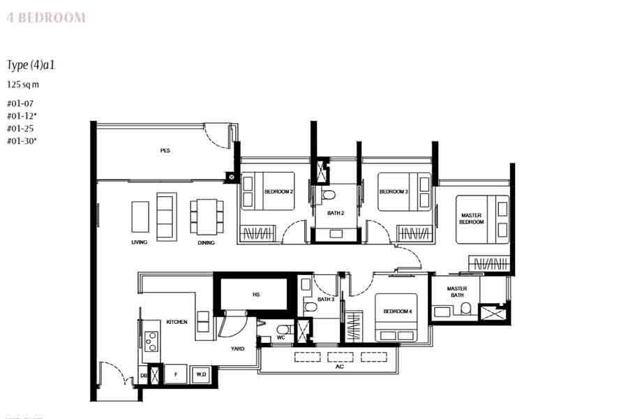 Kassia 4 bedroom floor plan showing layout zoning living dining kitchen yard and bedroom configuration in Flora Drive freehold development