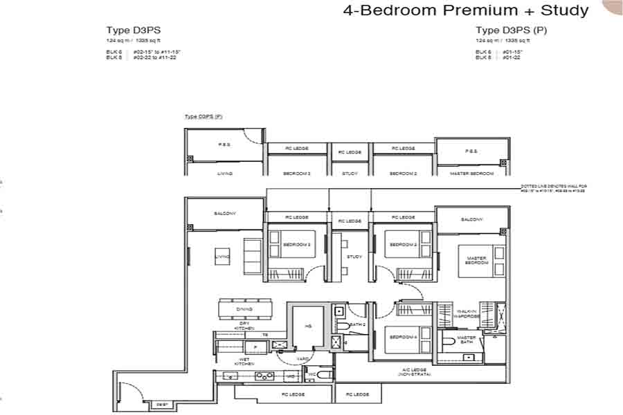 Norwood Grand 4 bedroom premium study floor plan layout showing zoning bedroom arrangement kitchen living and balcony configuration in Woodlands District 25