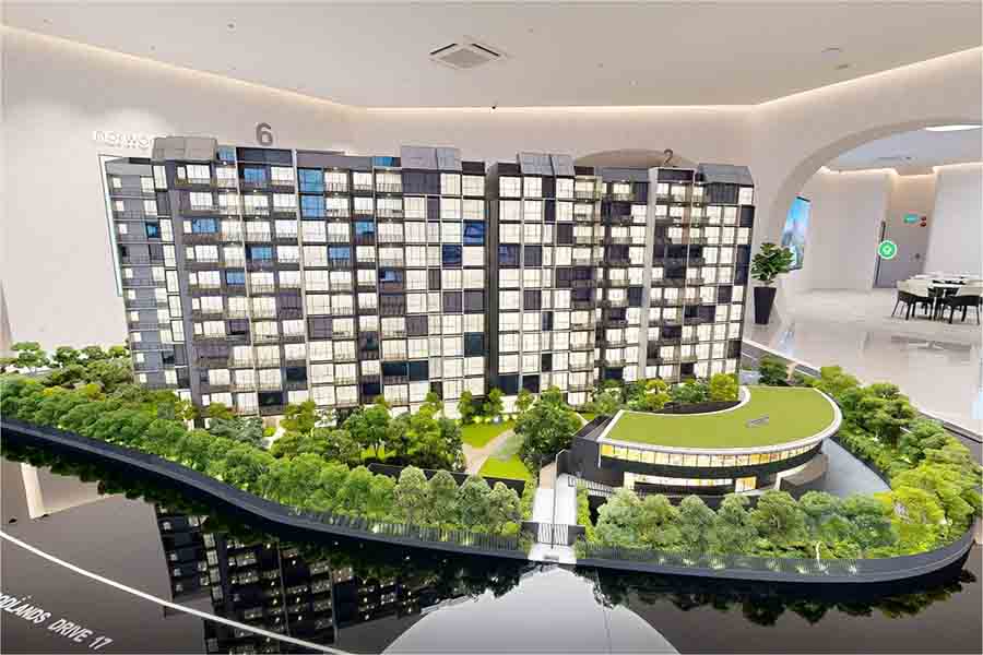 Norwood Grand showflat scale model illustrating block layout landscaping and facilities planning in Woodlands District 25