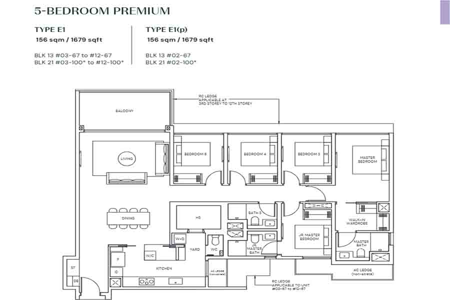 Parktown Residence 5 bedroom floor plan layout showing living dining bedrooms kitchen and balcony configuration in integrated development Tampines North