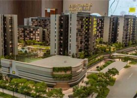 Parktown Residence showflat scale model showing integrated development with residential blocks retail podium and transport hub in Tampines North