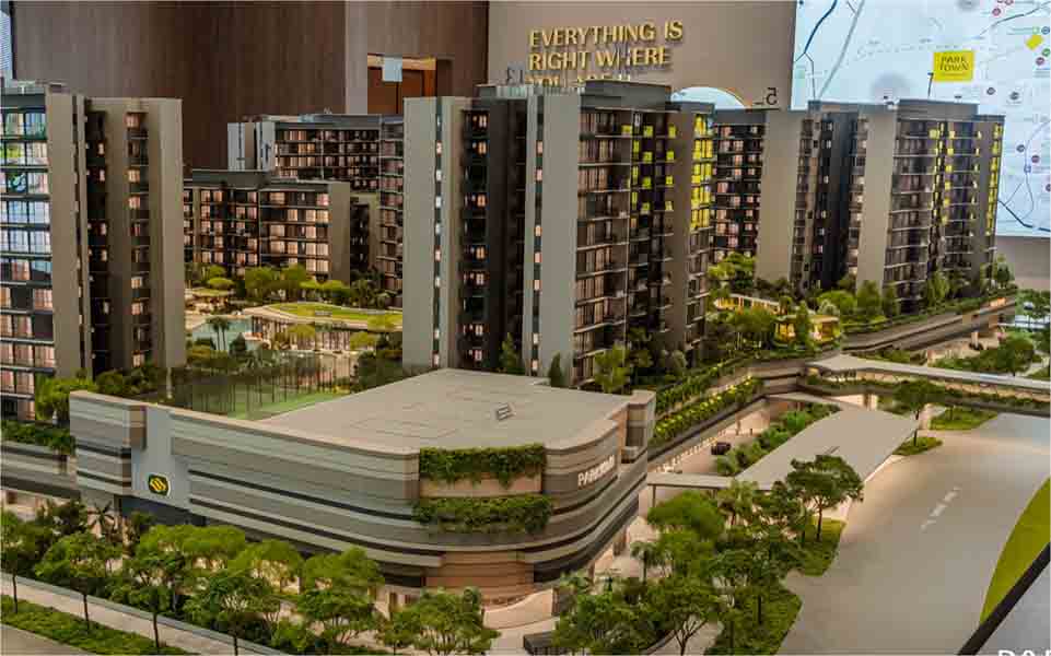 Parktown Residence showflat scale model showing integrated development with residential blocks retail podium and transport hub in Tampines North