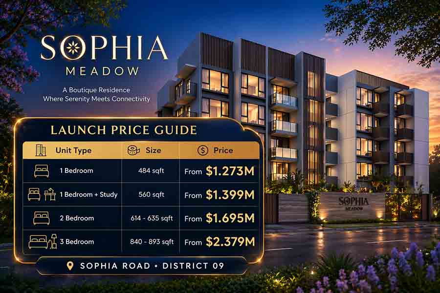 Sophia Meadow condo price guide showing 1 bedroom 2 bedroom 3 bedroom pricing and unit sizes in District 9 Singapore