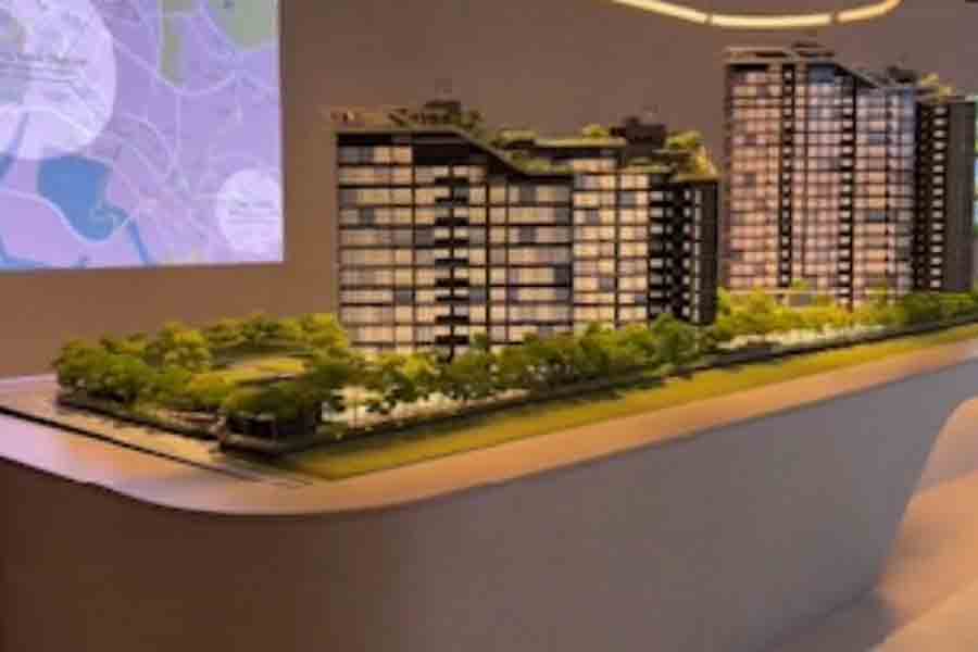 SORA showflat scale model illustrating building layout and residential blocks in Jurong Lake District
