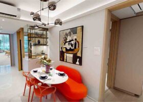 Tengah Garden Residences 2 bedroom showflat living and dining area layout with open concept kitchen and modern interior design