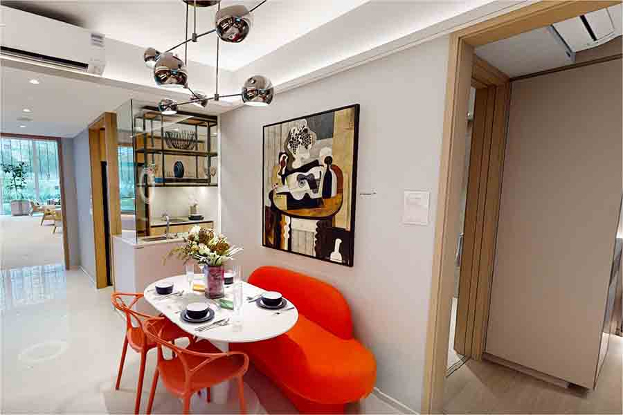 Tengah Garden Residences 2 bedroom showflat living and dining area layout with open concept kitchen and modern interior design
