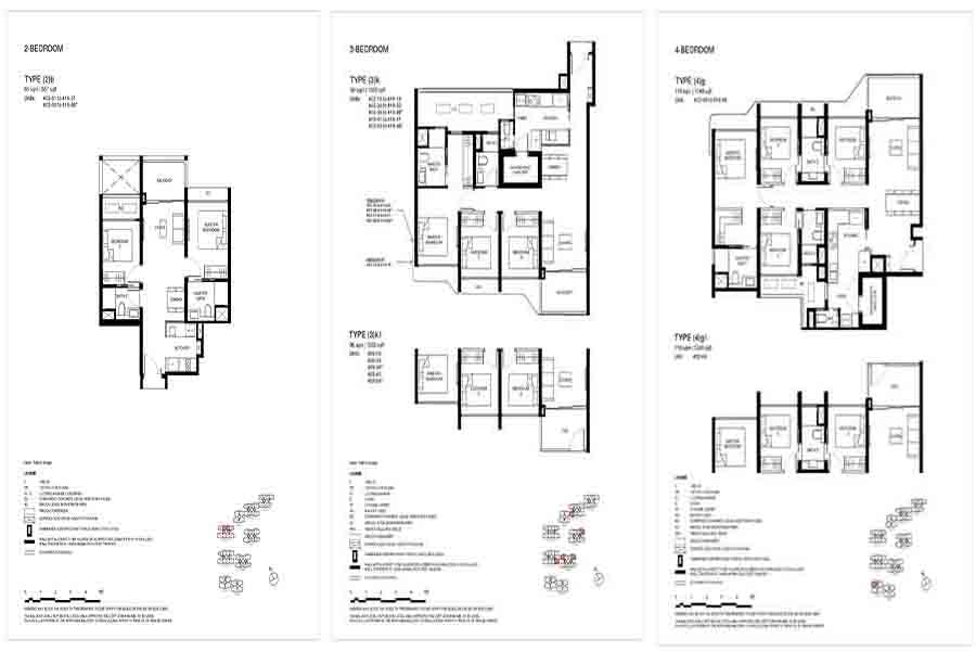 Tengah Garden Residences floor plan comparison showing 2 bedroom, 3 bedroom and 4 bedroom layouts with unit configuration and space planning