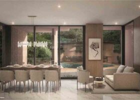 The Hillshore showflat interior showing dining and living area design in the Pasir Panjang freehold development