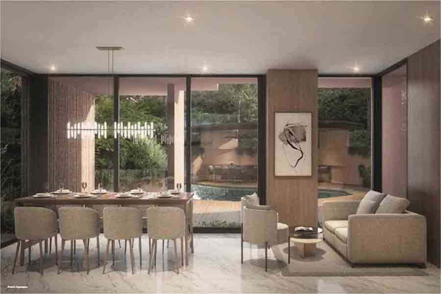 The Hillshore showflat interior showing dining and living area design in the Pasir Panjang freehold development