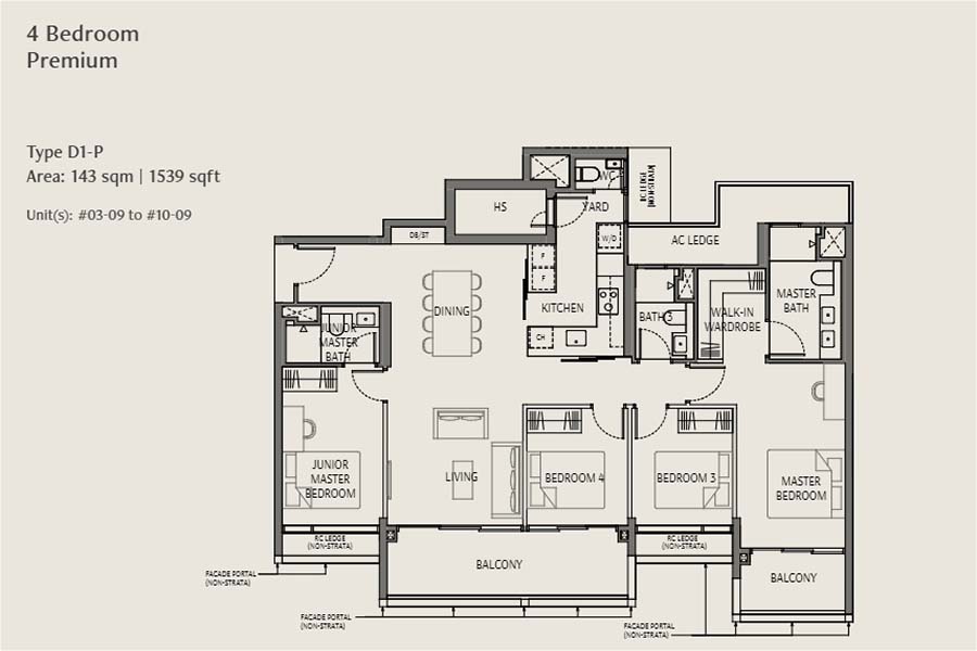 4 bedroom premium floor plan layout at The Robertson Opus 999-year Robertson Quay development in District 9 Singapore.