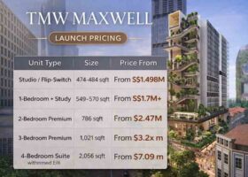 TMW Maxwell launch pricing showing studio, 1-bedroom and 2-bedroom price ranges in District 2 CBD Singapore