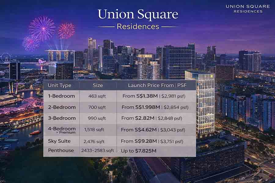 Union Square Residences price guide showing launch pricing for 1 bedroom to Sky Suite units near Clarke Quay MRT in Singapore River District 1