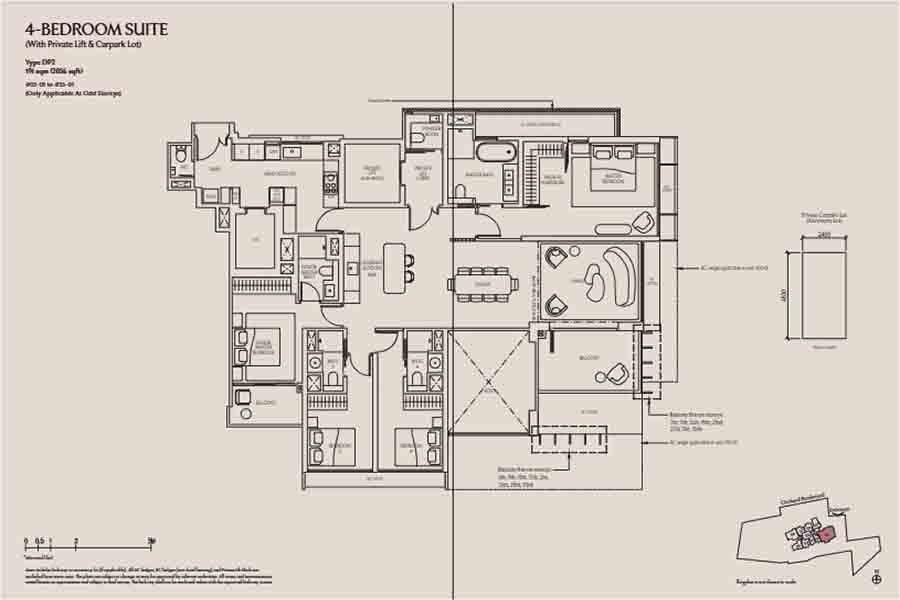 UPPERHOUSE at Orchard Boulevard 4 bedroom suite floor plan with private lift layout in District 10 Singapore