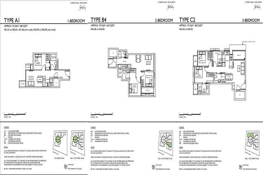 Sophia Meadow floor plan layouts showing 1 bedroom, 2 bedroom and 3 bedroom unit configurations in District 9 Singapore