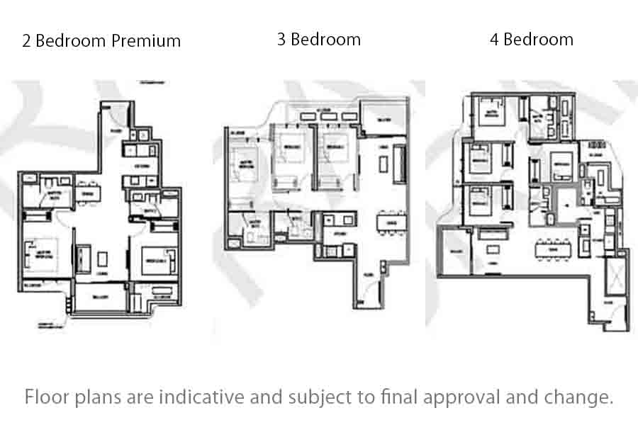 Vela Bay floor plan layouts showing 2 bedroom premium, 3 bedroom and 4 bedroom unit types in Bayshore Singapore