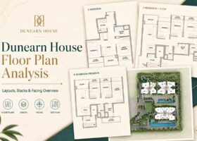 Dunearn House floor plan analysis image showing 2-bedroom, 3-bedroom plus flexi, 4-bedroom premium layouts and site plan overview