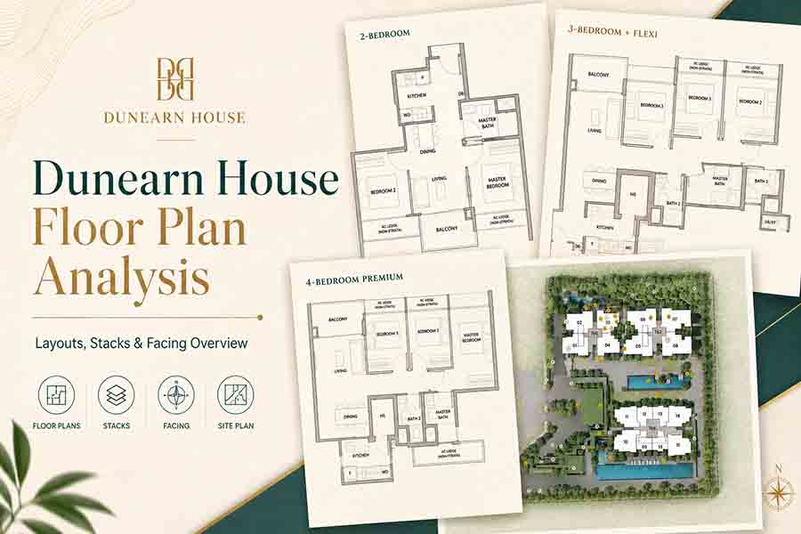 Dunearn House floor plan analysis image showing 2-bedroom, 3-bedroom plus flexi, 4-bedroom premium layouts and site plan overview