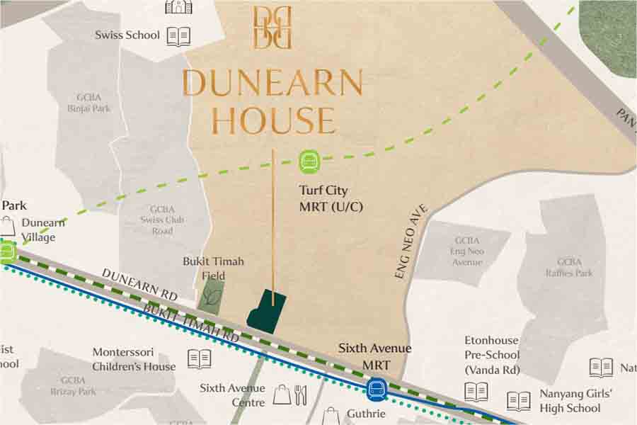 Dunearn House location map showing Sixth Avenue MRT and future Turf City MRT in Bukit Timah Singapore