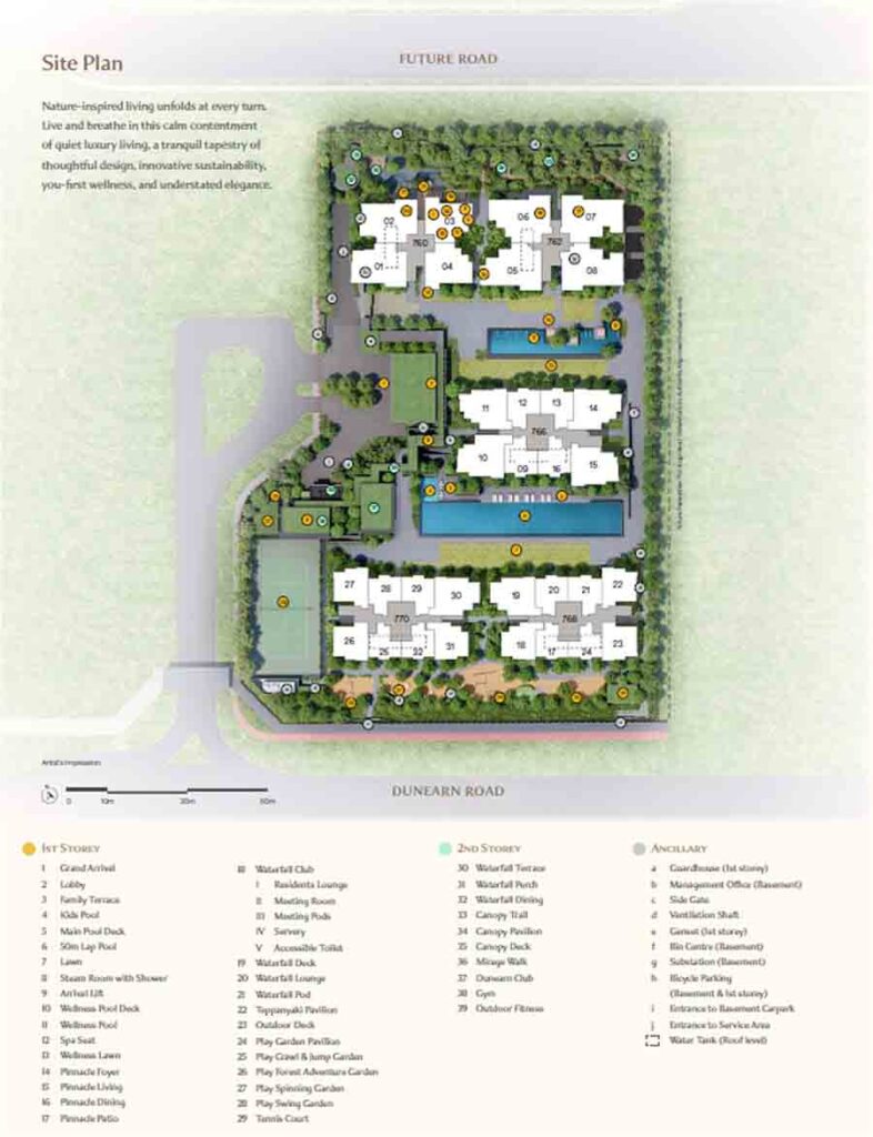 Dunearn House site plan showing stack positions, Dunearn Road, future road, internal pool-facing blocks, facilities and landscaped areas