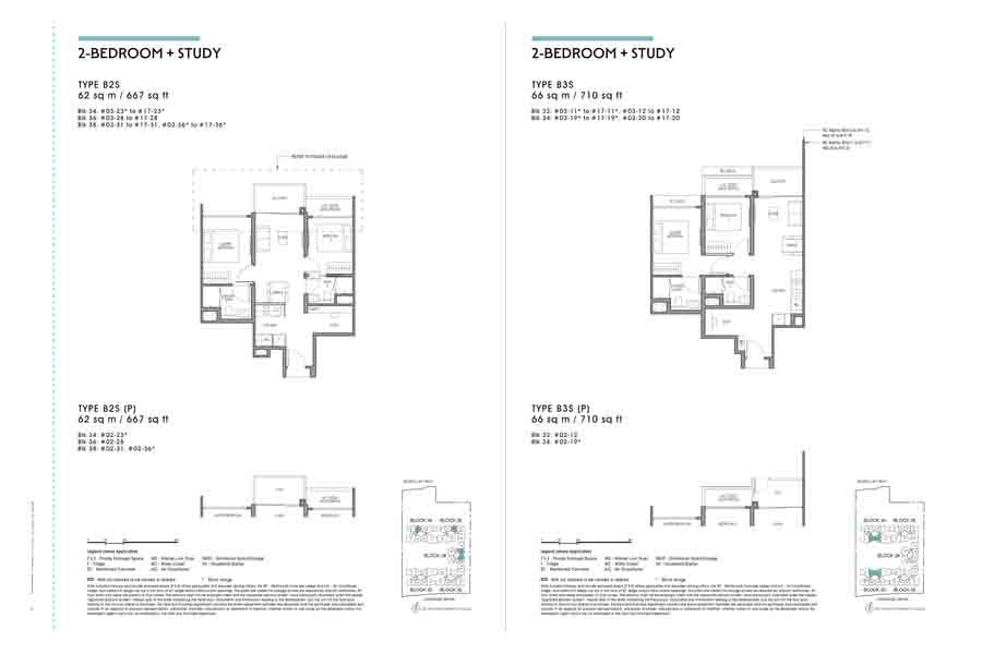 Lucerne Grand 2 Bedroom + Study floor plans showing B2S and B3S unit layouts