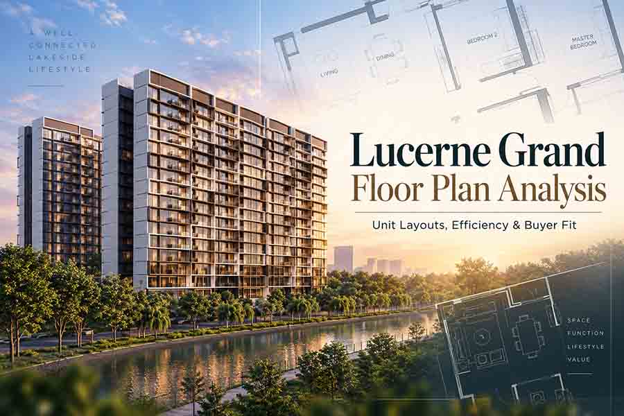 Lucerne Grand floor plan analysis with condominium facade and apartment layout illustrations