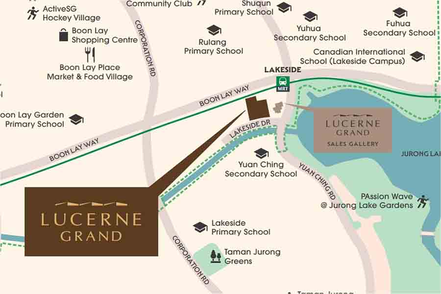 Lucerne Grand location map showing Lakeside MRT, Jurong Lake Gardens and nearby schools