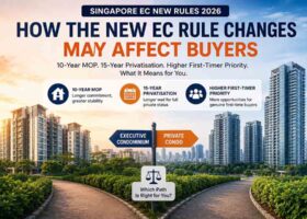 Infographic explaining Singapore’s new Executive Condominium EC rule changes in 2026 including 10-year MOP, 15-year privatisation timeline and higher first-timer priority