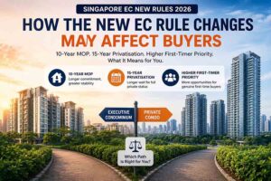Infographic explaining Singapore’s new Executive Condominium EC rule changes in 2026 including 10-year MOP, 15-year privatisation timeline and higher first-timer priority