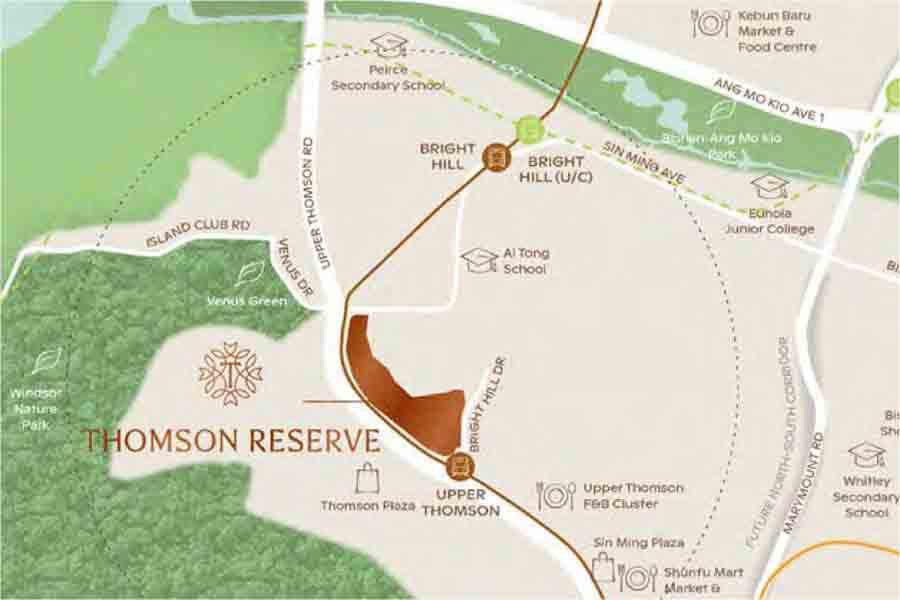 Thomson Reserve location map showing Upper Thomson MRT, Bright Hill MRT, Ai Tong School, Thomson Plaza and surrounding amenities.