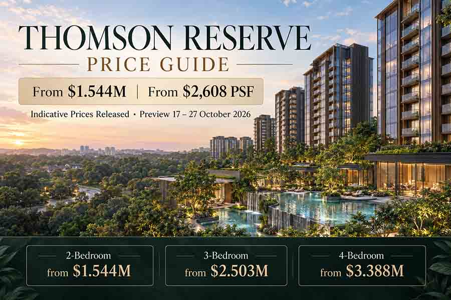 Thomson Reserve Price Guide 2026 featuring indicative prices from $1.544 million, starting at $2,608 PSF, with 2-, 3- and 4-bedroom pricing.
