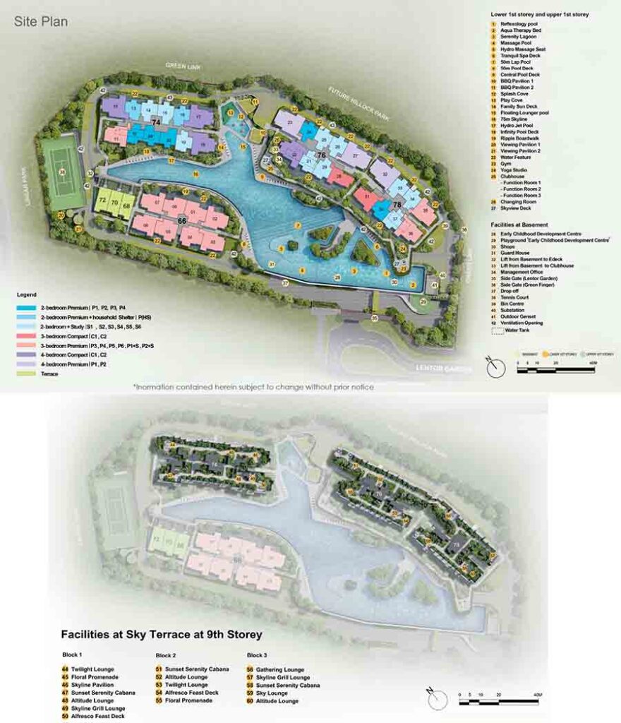Lentor Gardens Residences site plan showing residential blocks, stack layout, pool facilities, Green Link, Linear Park and Future Hillock Park