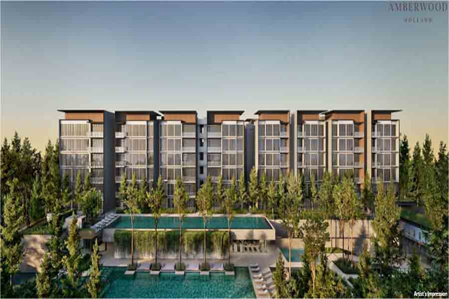 Amberwood at Holland condo facade with low-rise residential blocks and landscaped pool