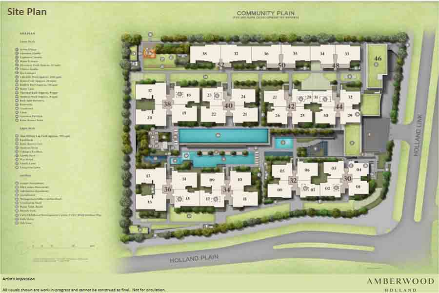 Amberwood at Holland site plan showing residential blocks, facilities and Community Plain