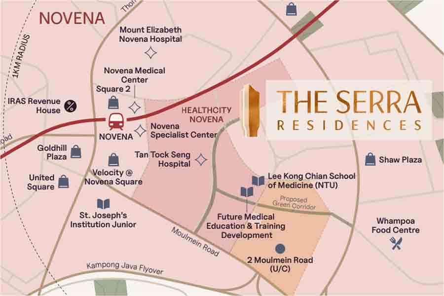 Location map of The Serra Residences near Novena MRT, HealthCity Novena and 2 Moulmein Road