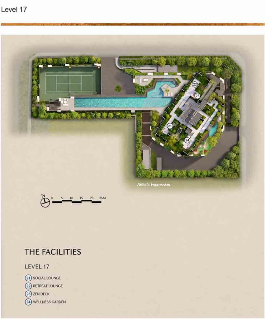 The Serra Residences Level 17 site plan showing the social lounge, retreat lounge, zen deck and wellness garden