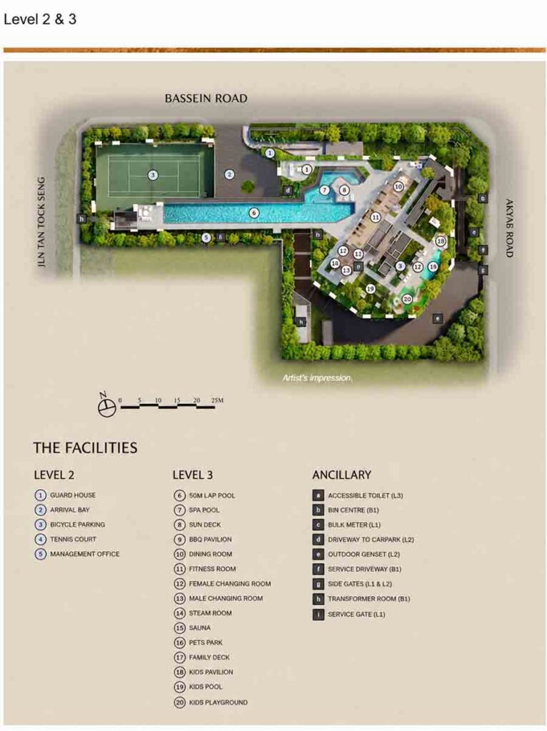 The Serra Residences site plan for Levels 2 and 3 showing the 50m lap pool, tennis court and family facilities