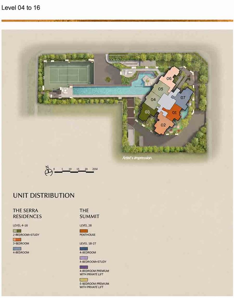 The Serra Residences unit distribution for Levels 4 to 16 showing stacks 01 to 07 and the lower residential layout