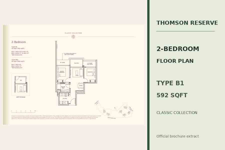 Thomson Reserve 2-Bedroom Type B1 floor plan, 592 sqft, Classic Collection, showing the living area, kitchen, bedrooms and balcony.