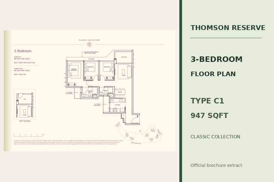 Thomson Reserve 3-Bedroom Type C1 floor plan, 947 sqft, showing three bedrooms, living and dining areas, kitchen and balcony.