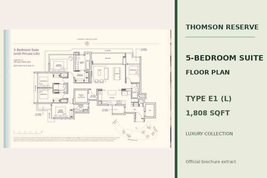 Thomson Reserve 5-Bedroom Suite Type E1 floor plan, 1,808 sqft, with private lift access and five bedrooms in the Luxury Collection.