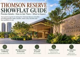 Thomson Reserve Showflat Guide 2026 featured illustration showing a luxury condominium entrance, landscaped surroundings and residential towers.